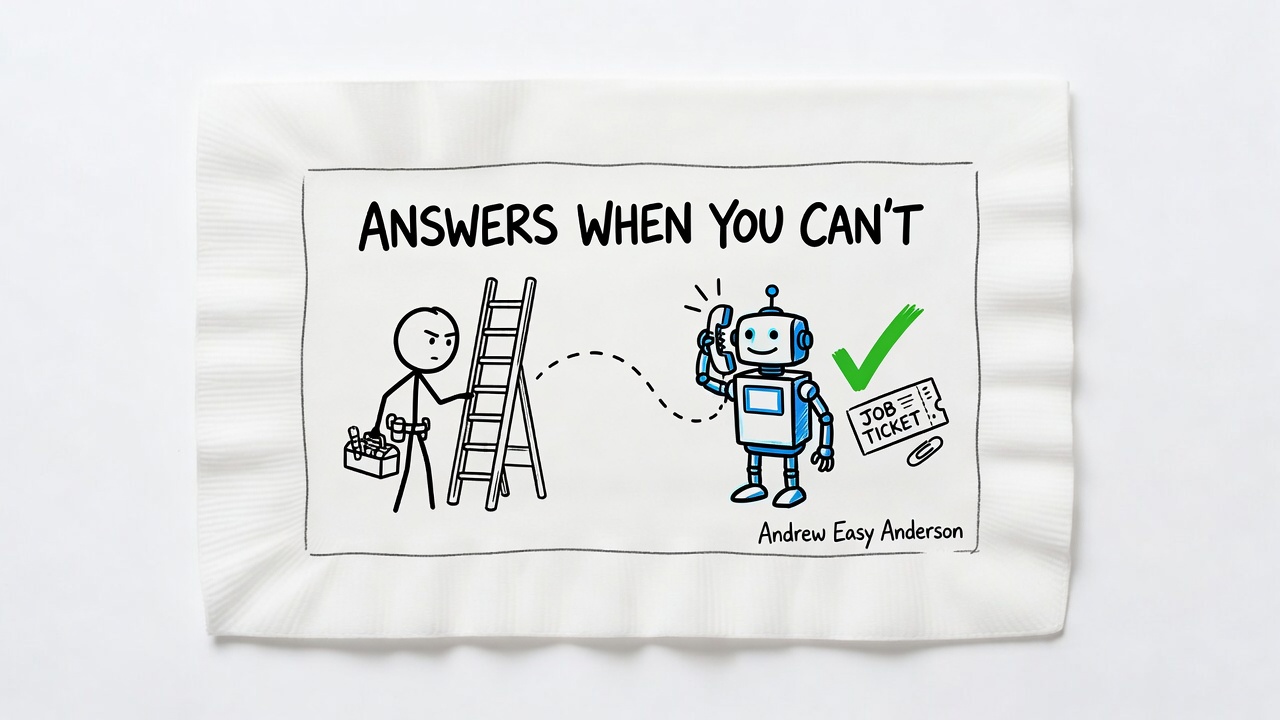 Napkin sketch titled Answers When You Can't: a technician is busy at a ladder with a toolbox while a friendly robot answers the ringing phone and books a job ticket, marked with a green check.