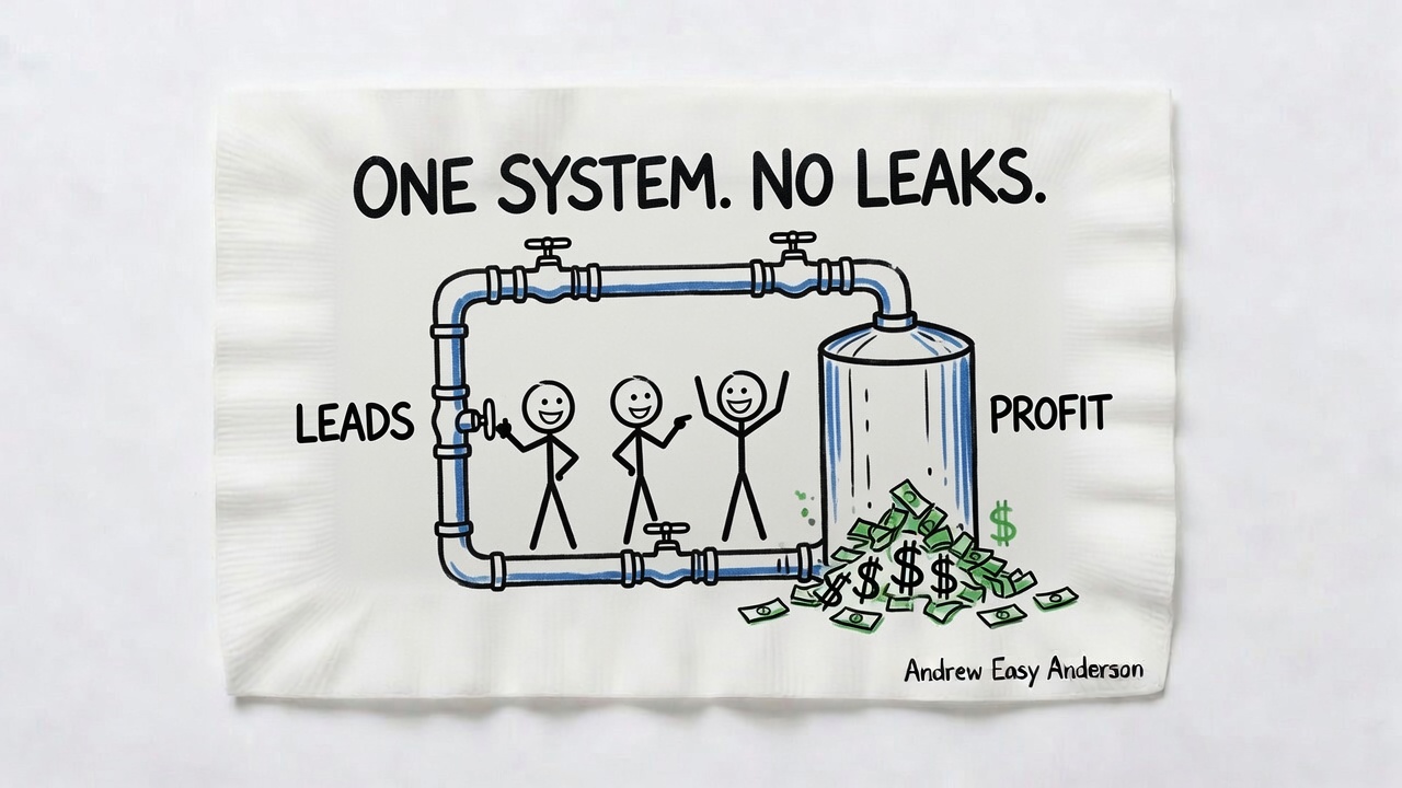 Napkin sketch titled One System, No Leaks: a sealed loop of pipe carries leads straight into a tank that pours out a pile of profit while three happy stick figures celebrate inside the loop.